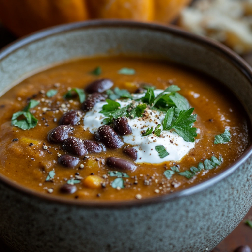 Black Bean Pumpkin and Butternut Squash Soup with Cream Cheese