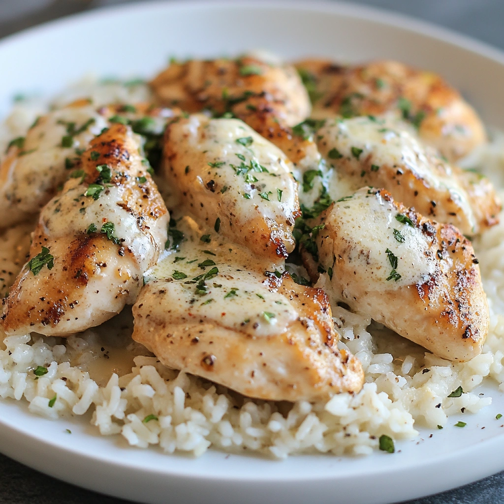 Chicken scampi with creamy garlic Parmesan rice