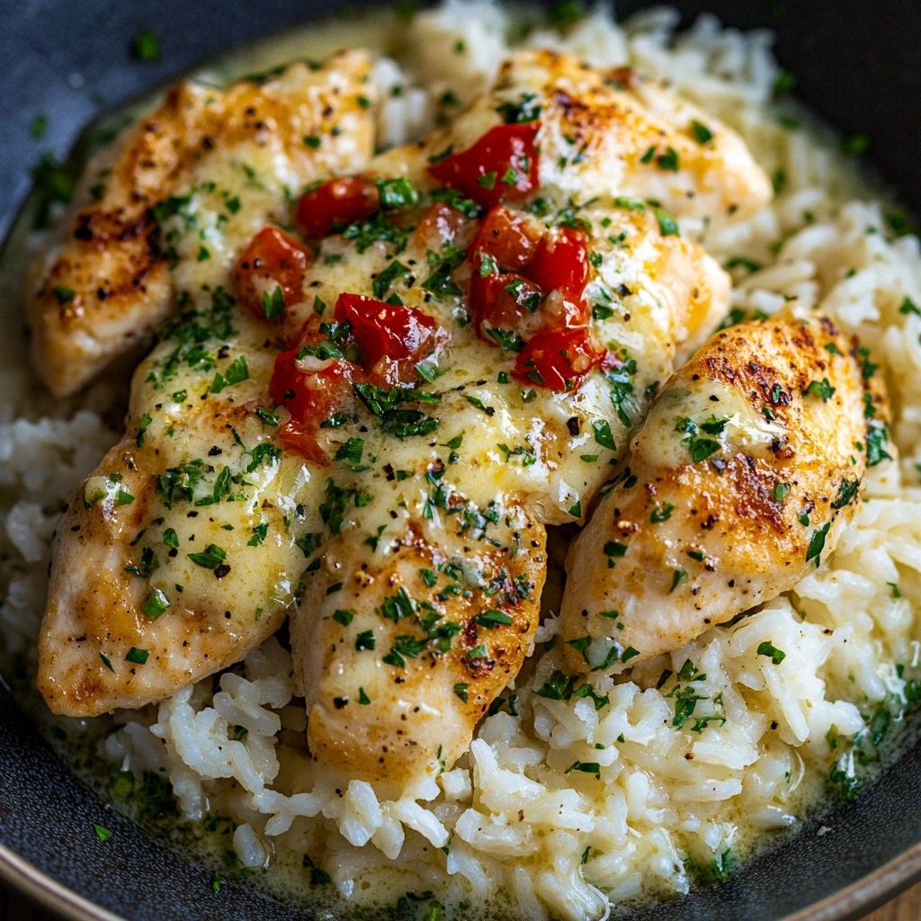 Chicken scampi with creamy garlic Parmesan rice
