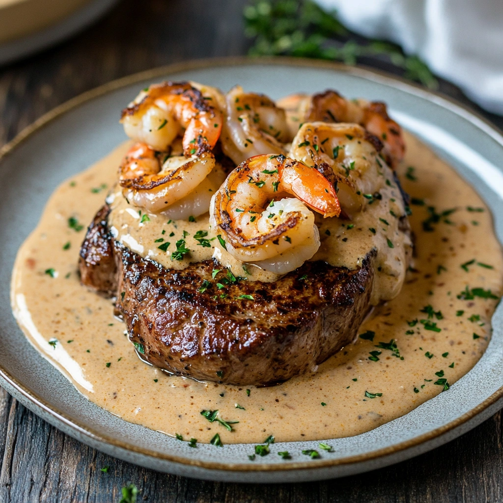 steak with creamy Cajun shrimp sauce