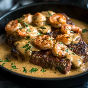 steak with creamy Cajun shrimp sauce