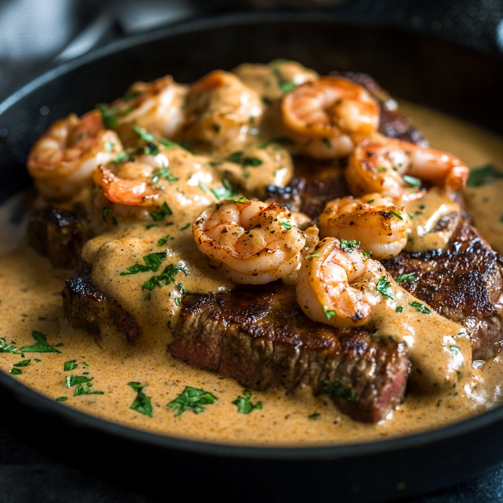 steak with creamy Cajun shrimp sauce