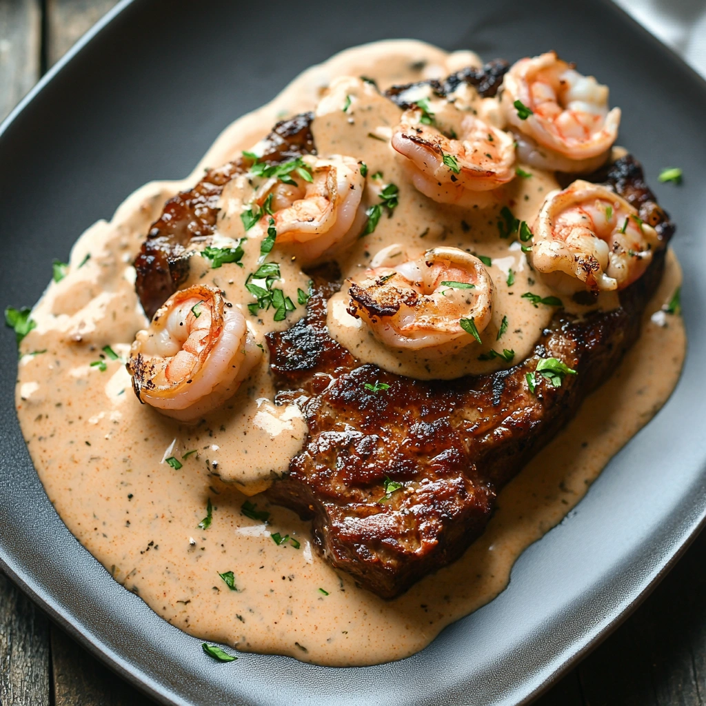 steak with creamy Cajun shrimp sauce