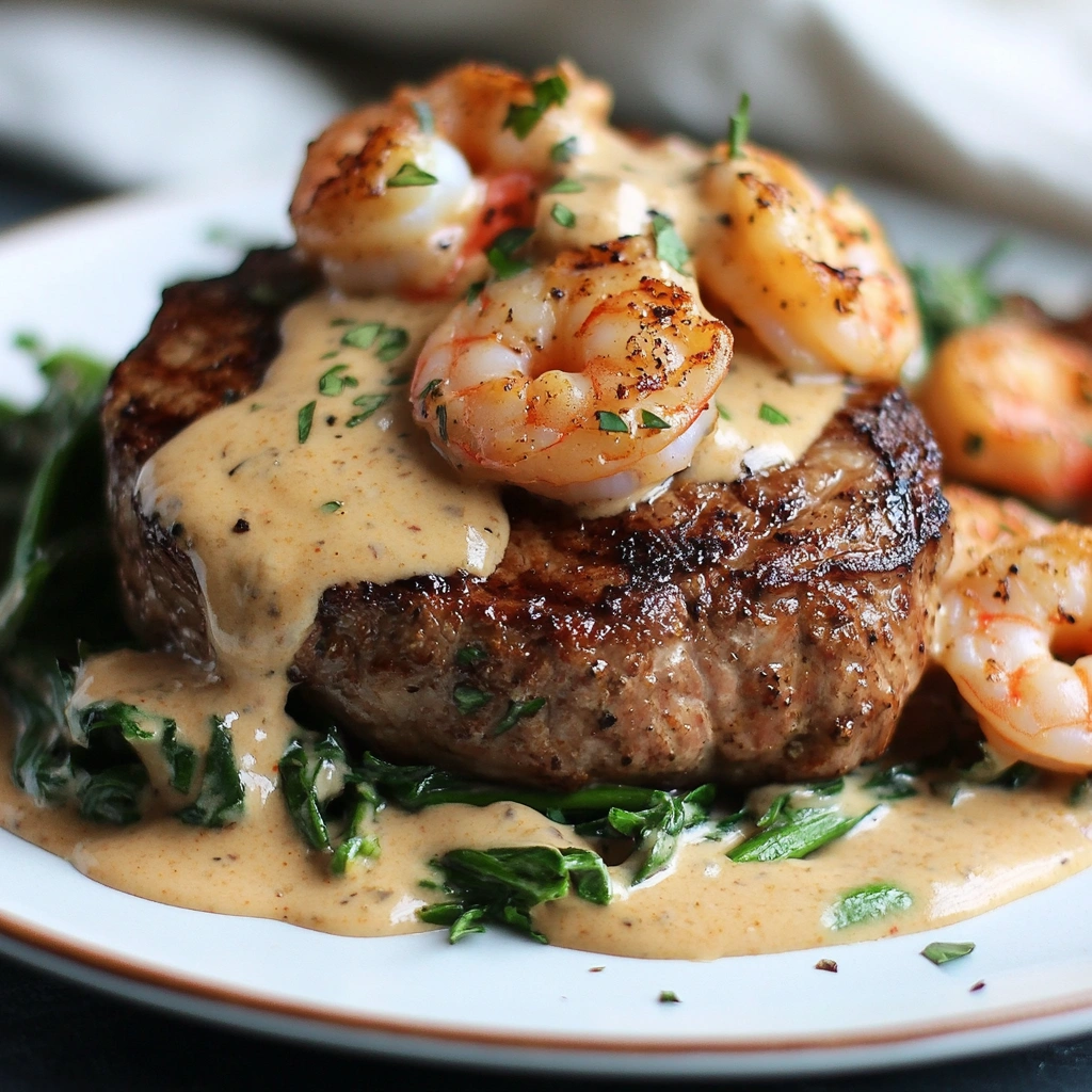 steak with creamy Cajun shrimp sauce