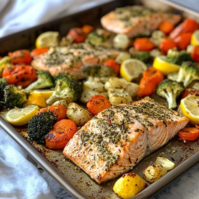 Sheet pan lemon herb salmon and veggies