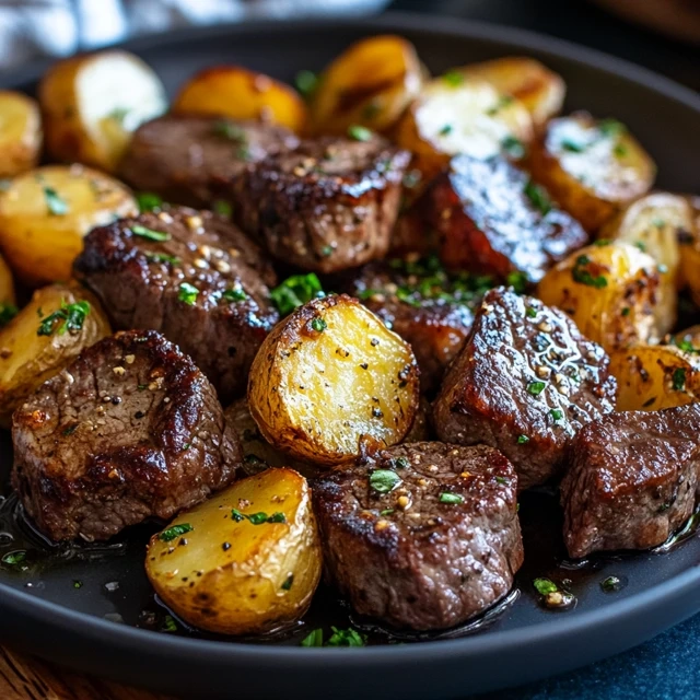 Garlic butter steak bites and potatoes